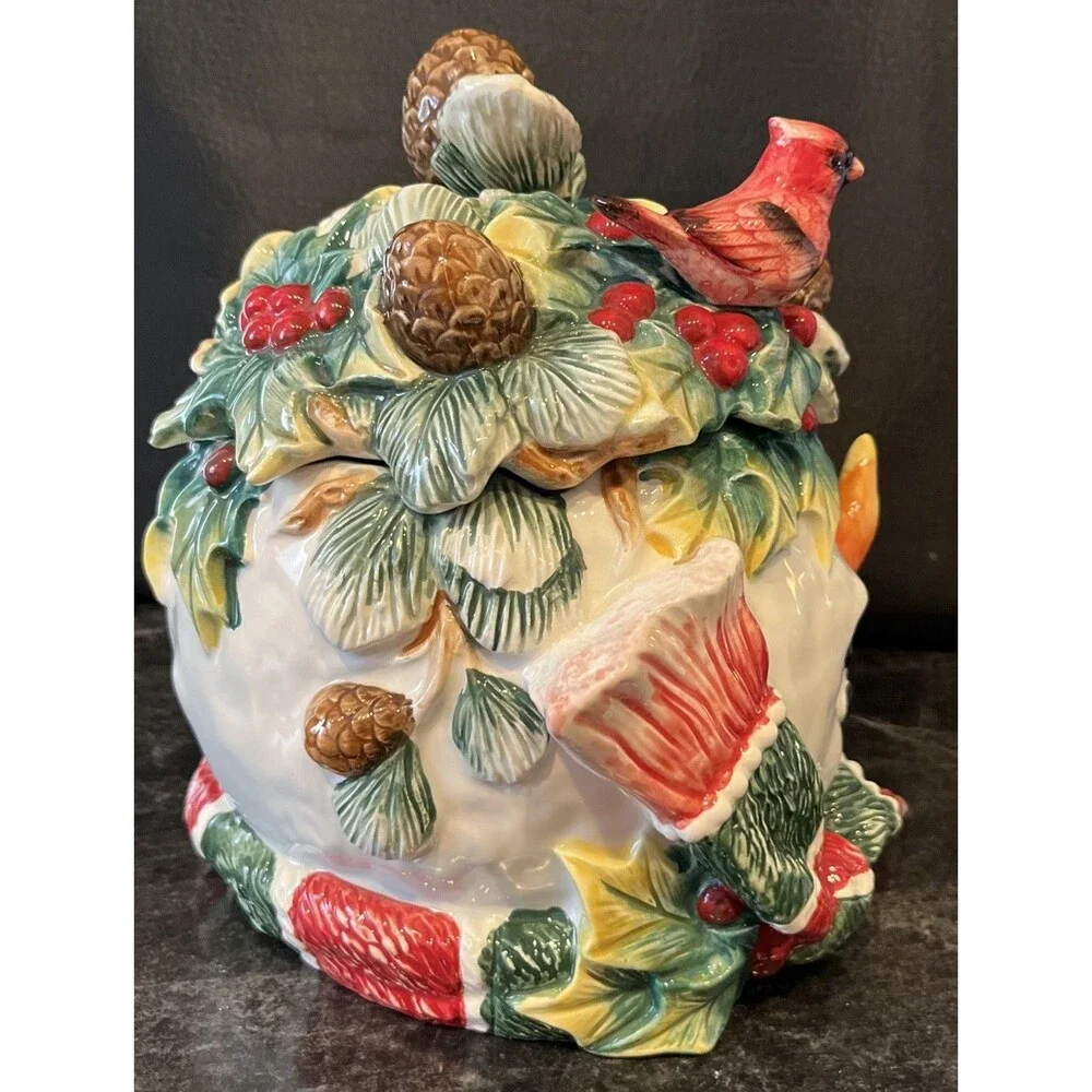 CHRISTOPHER RADKO ROUND SNOWMAN CARDINAL COOKIE JAR CHRISTMAS NEW 10 IN X 9IN